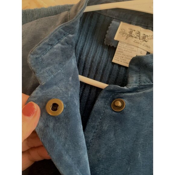 LAL Vintage Y2K Leather Sweater Jacket Blue Covered Buttons Pockets Size L - Picture 6 of 7